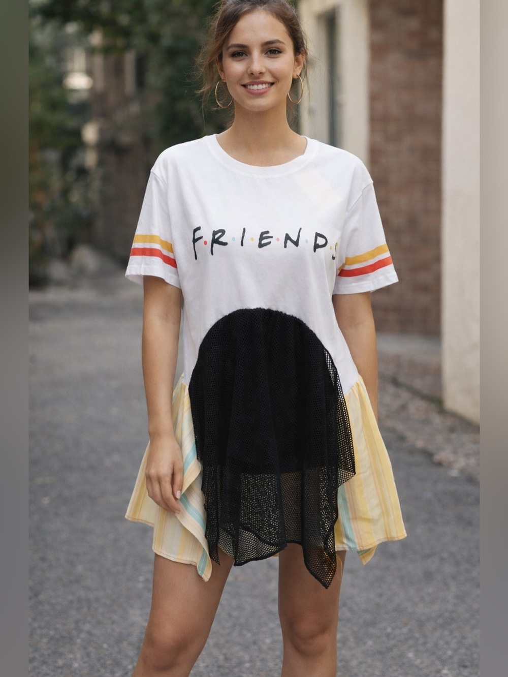 Friends Graphic White Tee Dress with Yellow Stripe Accents